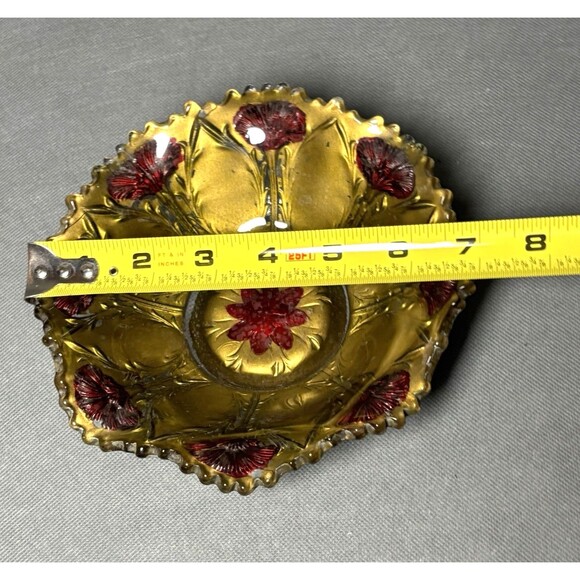 Antique Goofus Glass Scalloped Bowl Gold-Paint Gold Over Red Flowers-Circa 1900s - Picture 7 of 8